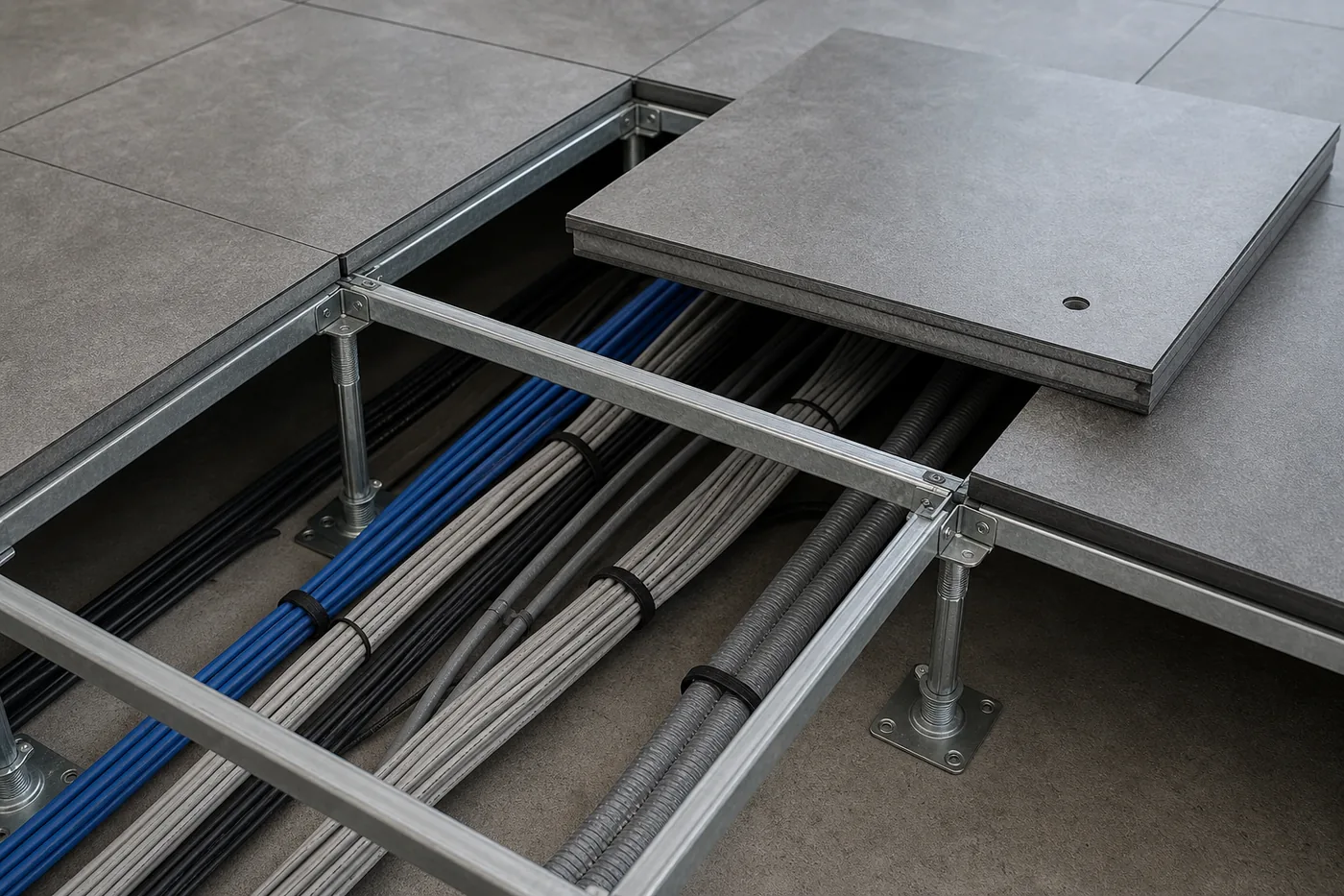 Raised access floor pedestals and stringers with one panel lifted to show underfloor cabling