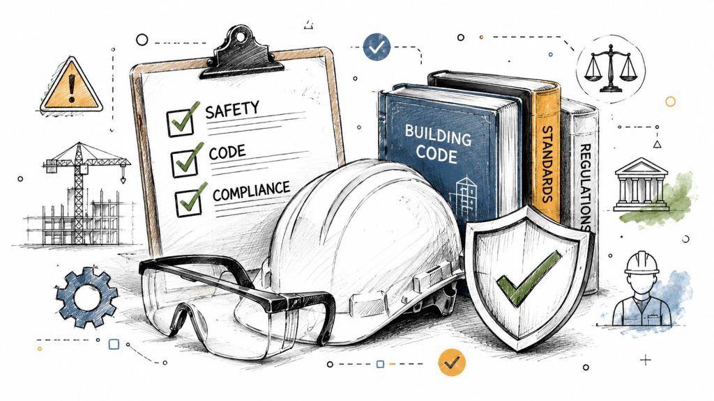 A clipboard with safety, code, and compliance checkmarks alongside a construction helmet, goggles, and building regulation books.