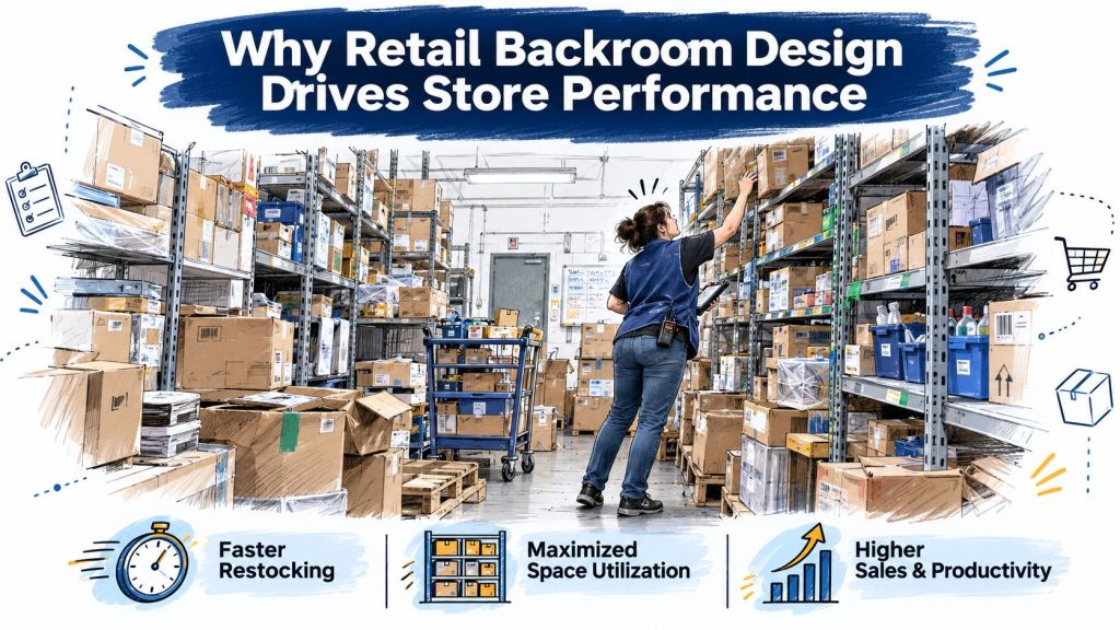 An employee organizing inventory in a well-structured and efficient retail backroom stockroom setting.