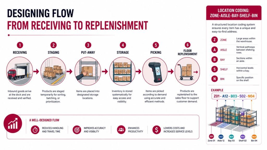 A flow chart illustrating the six-step warehouse process from receiving goods to floor replenishment.