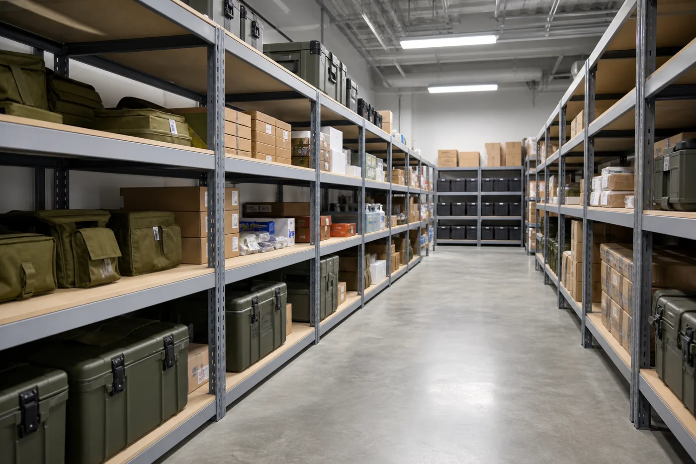 Boltless rivet shelving in a government supply room holding cases, cartons, and kit boxes on particle board decks