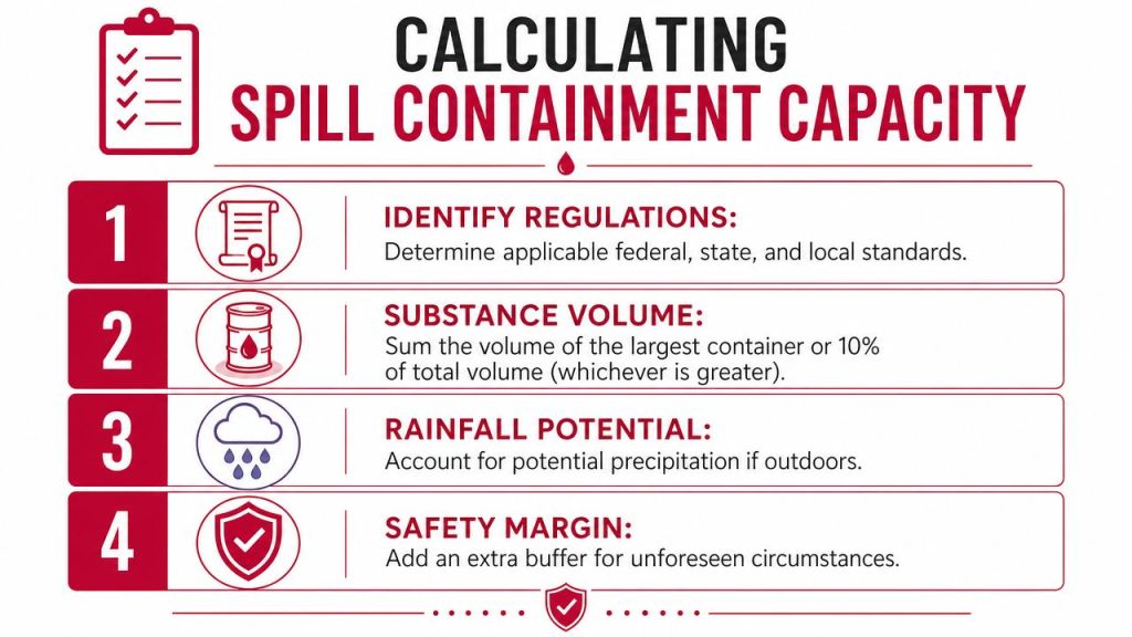 An infographic outlining the four key steps to calculating secondary spill containment capacity for industrial facilities.