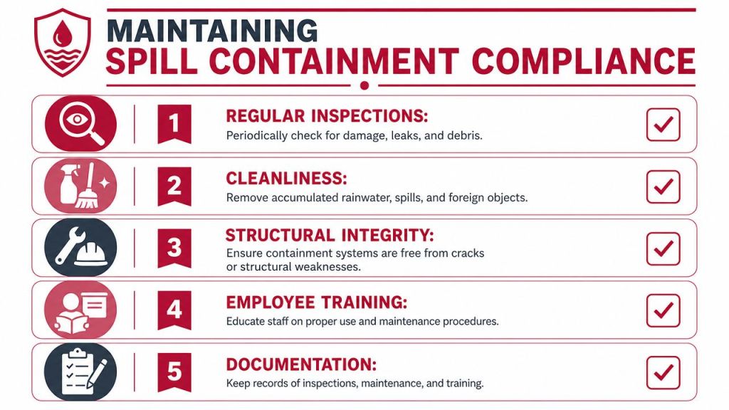An infographic titled Maintaining Spill Containment Compliance outlining five essential steps for industrial safety management.