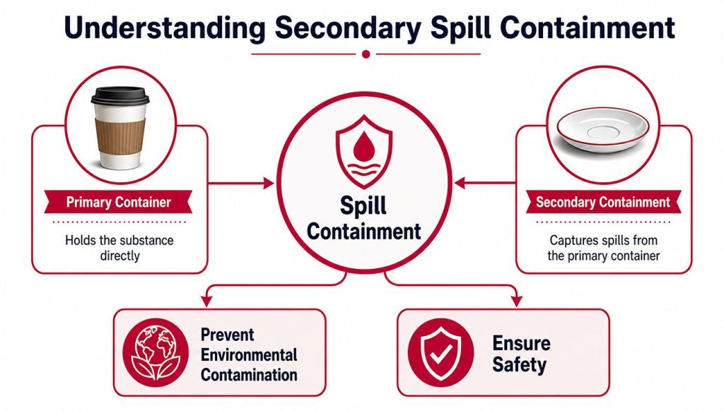 A diagram explaining secondary spill containment using a coffee cup on a saucer as an analogy.