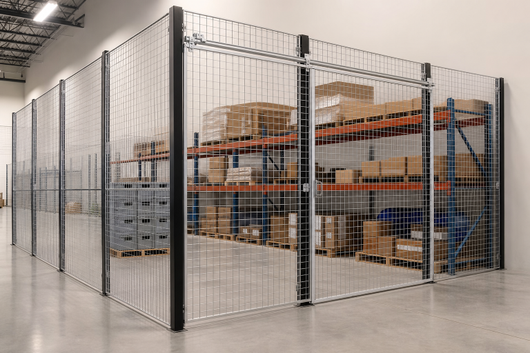 Wire mesh security cage enclosure with a sliding door in a warehouse