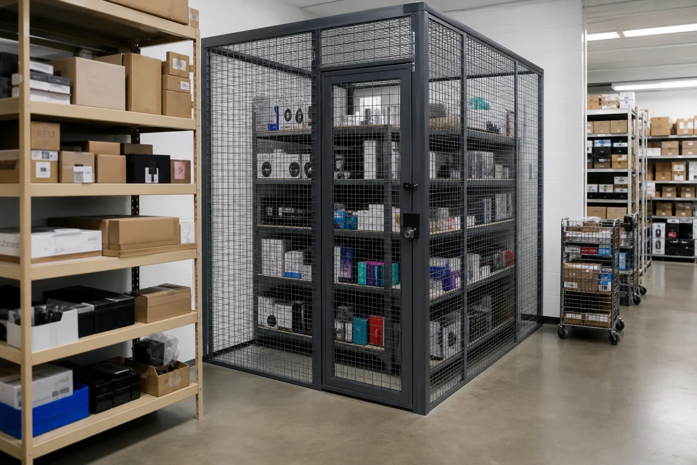 Welded wire mesh cage protecting boxed high-value stock inside a supply storeroom