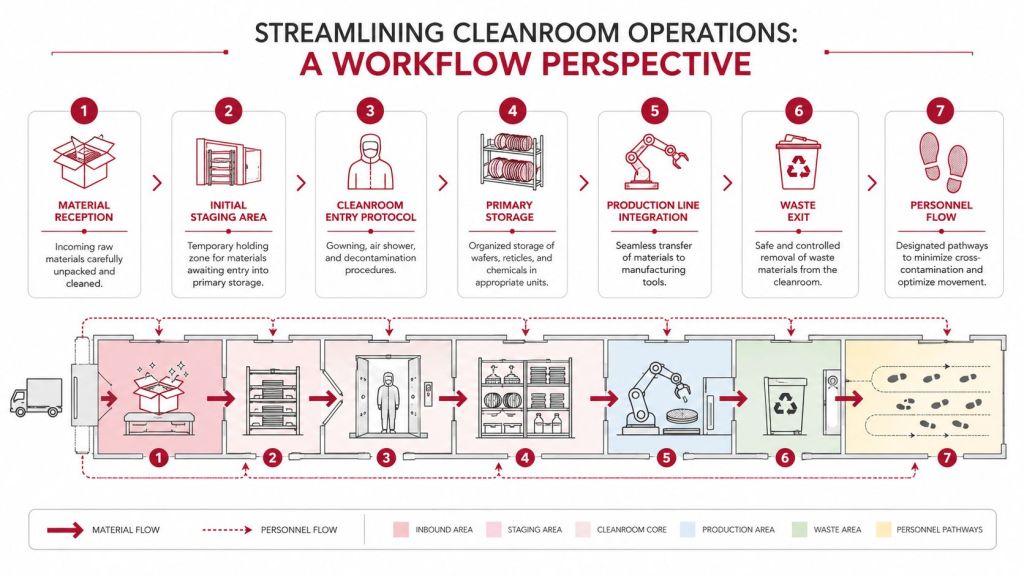 A diagram illustrating a seven-step workflow for streamlined semiconductor cleanroom operations, from material reception to personnel movement.