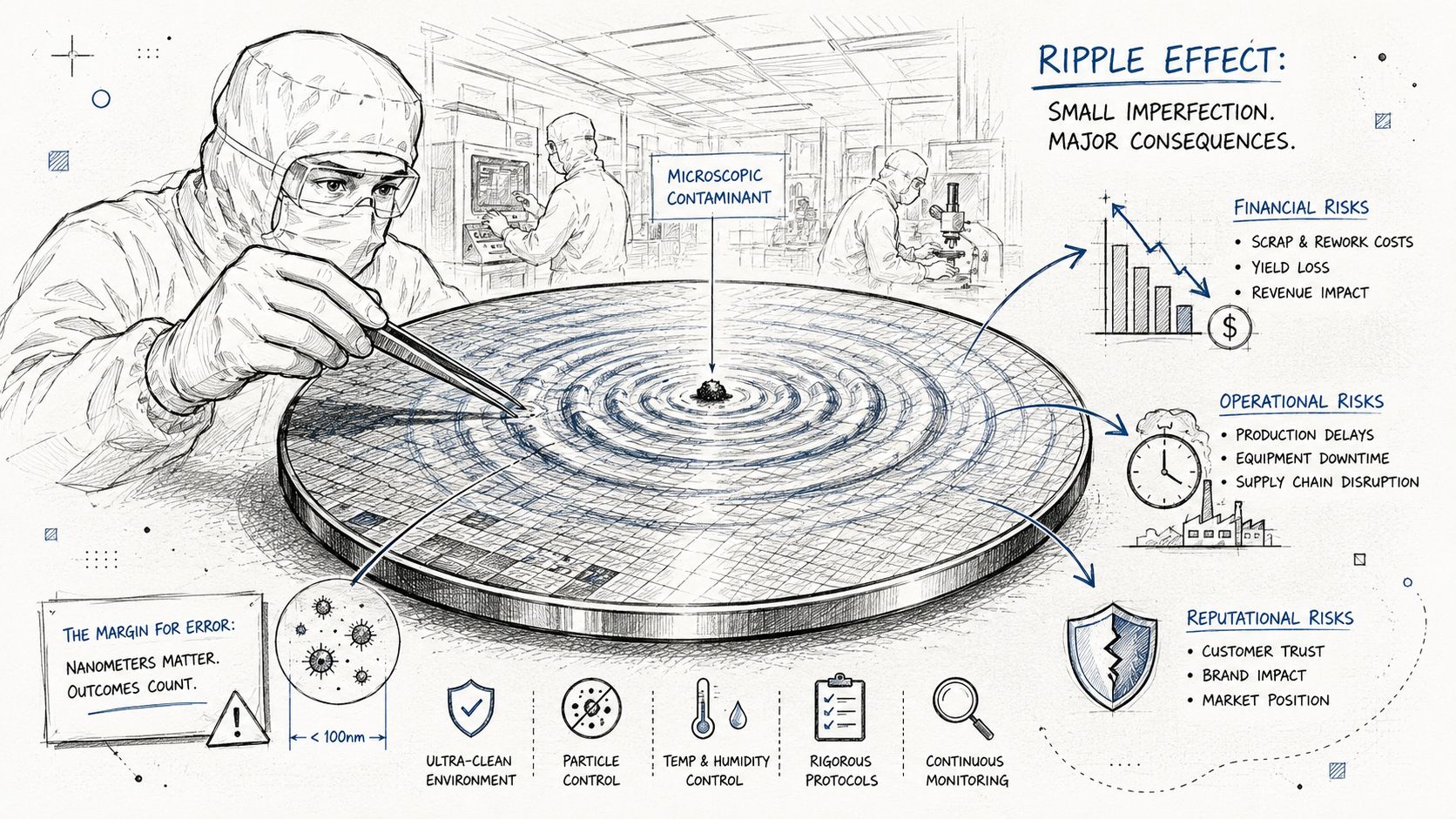 A detailed illustration showing a technician handling a silicon wafer with a microscopic contaminant causing ripple effects.