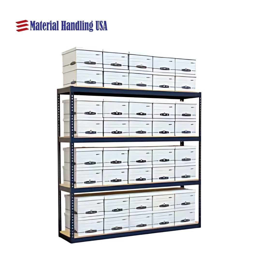 Boltless steel shelving loaded with archive storage boxes on every level, an example of uniform load storage.