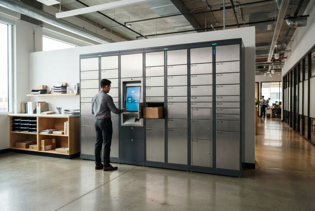 Long bank of smart lockers with a control terminal in an institutional corridor
