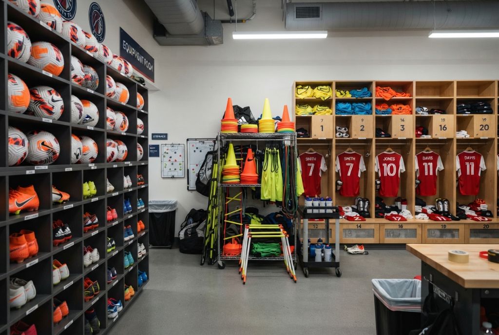 Soccer equipment storage room