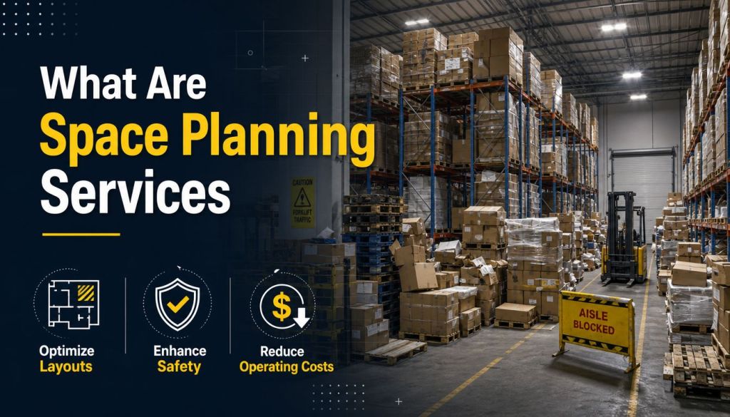 An informative graphic about warehouse space planning services showing stacked goods and a forklift in a storage facility.