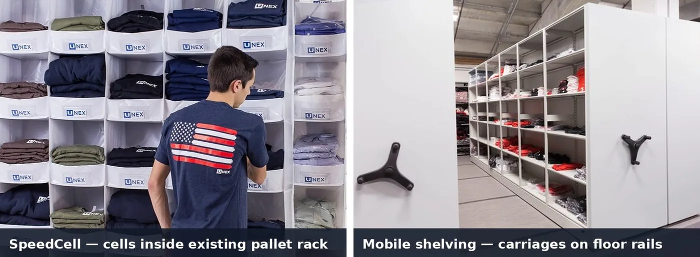 Side by side comparison of UNEX SpeedCell cells in pallet rack versus mobile shelving carriages on floor rails