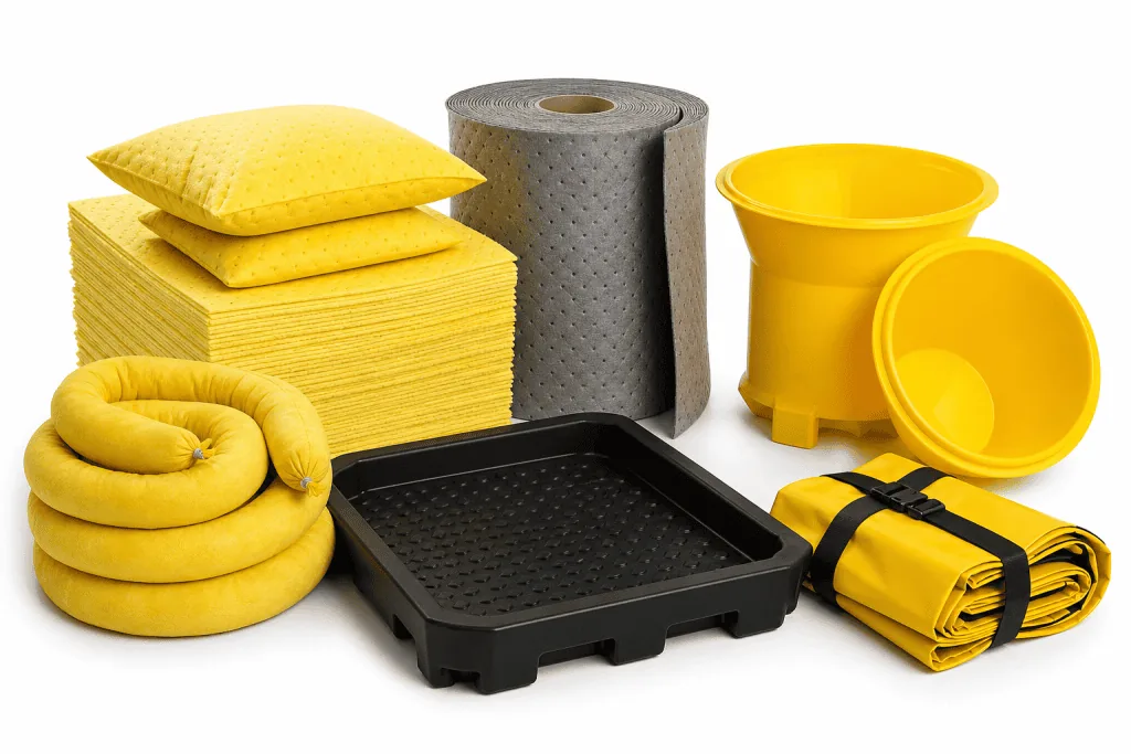 Spill control products including absorbent pads, pillows, and drip trays