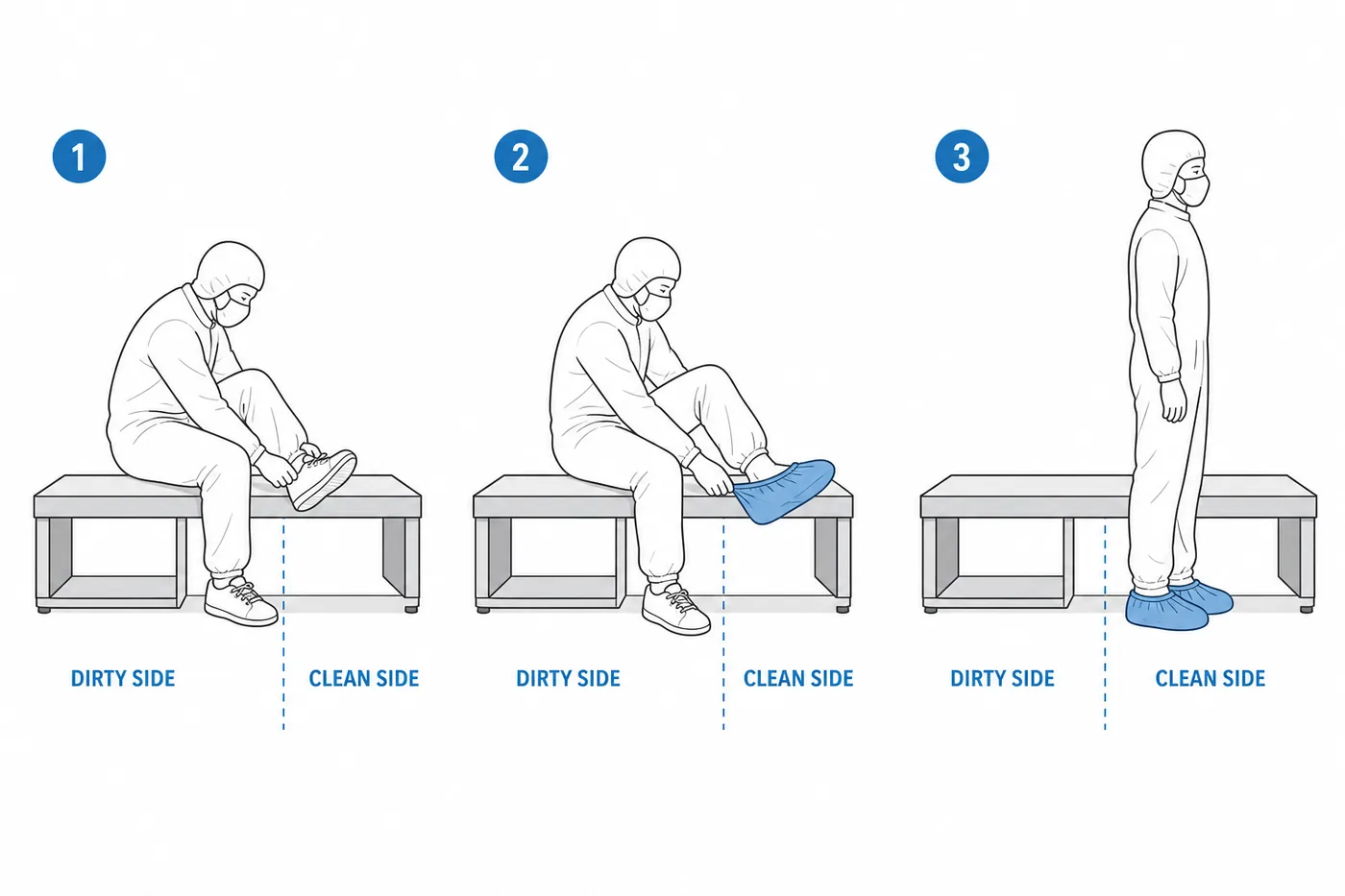 Step-over gowning bench sequence: sit dirty side, change footwear, swing to clean side