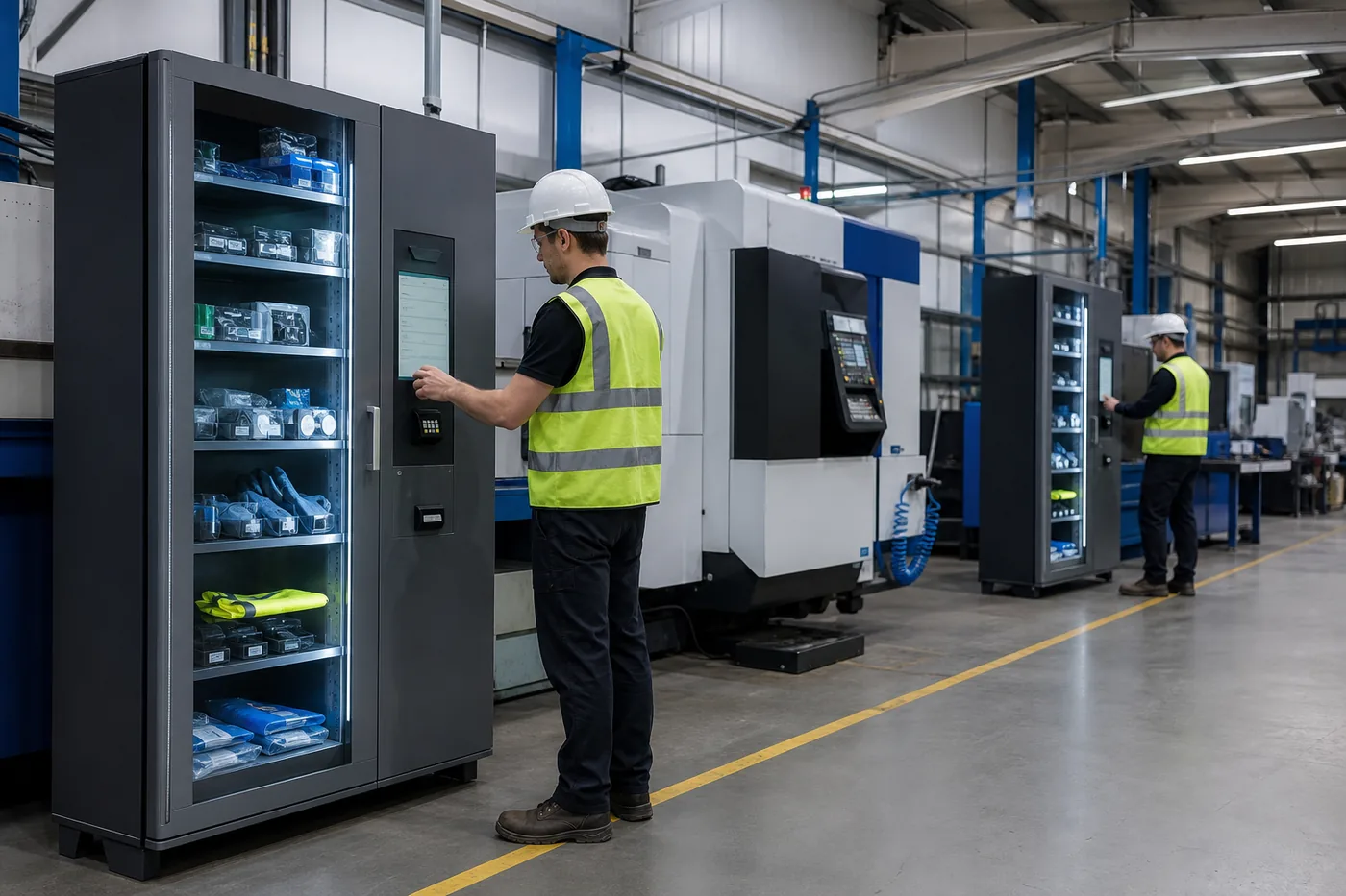 Industrial vending machines deployed on a manufacturing floor for point-of-use tool dispensing