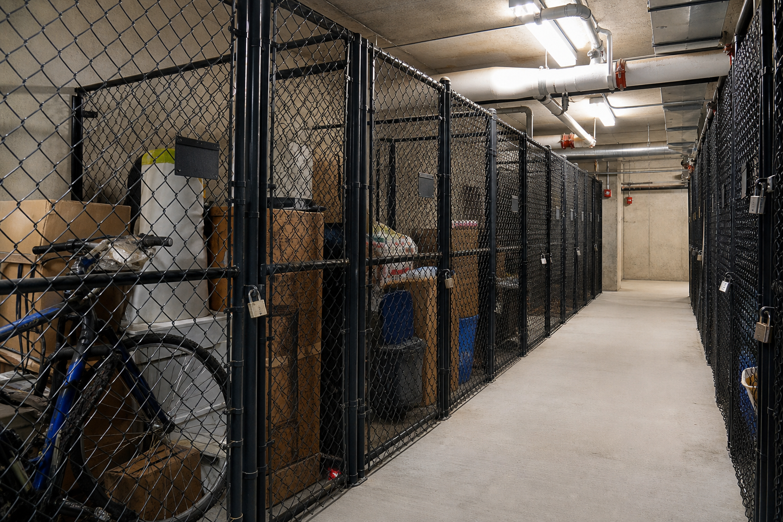 Wire mesh tenant storage cages in apartment building basement with stored items