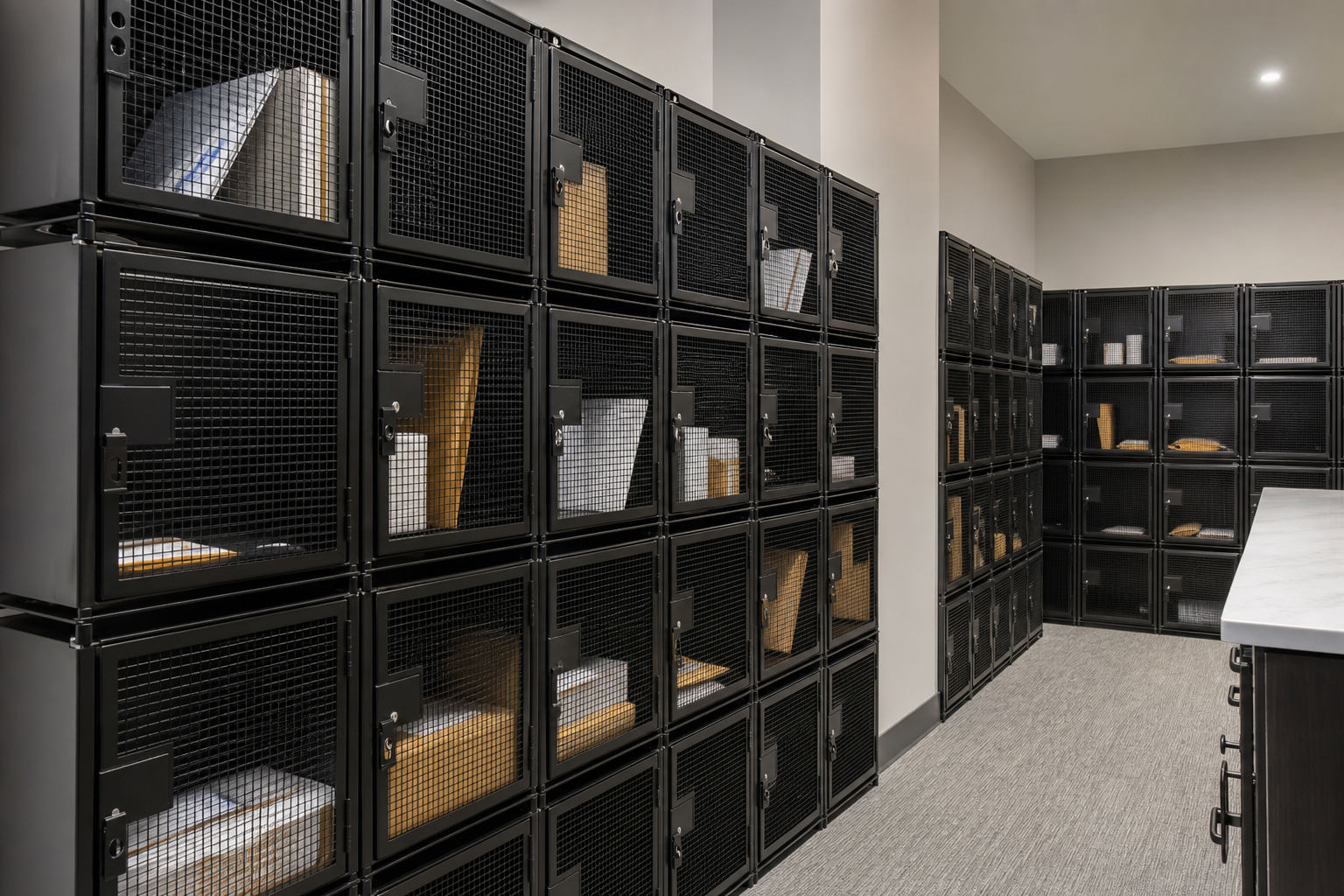 Modular locker bank for shared building use