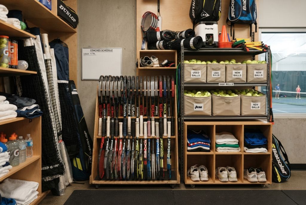 Tennis equipment storage room