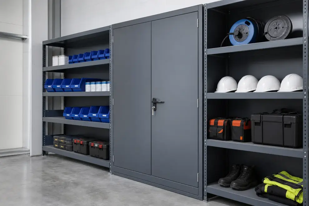 Gray steel shelving run with one bay enclosed by lockable steel doors holding controlled stock