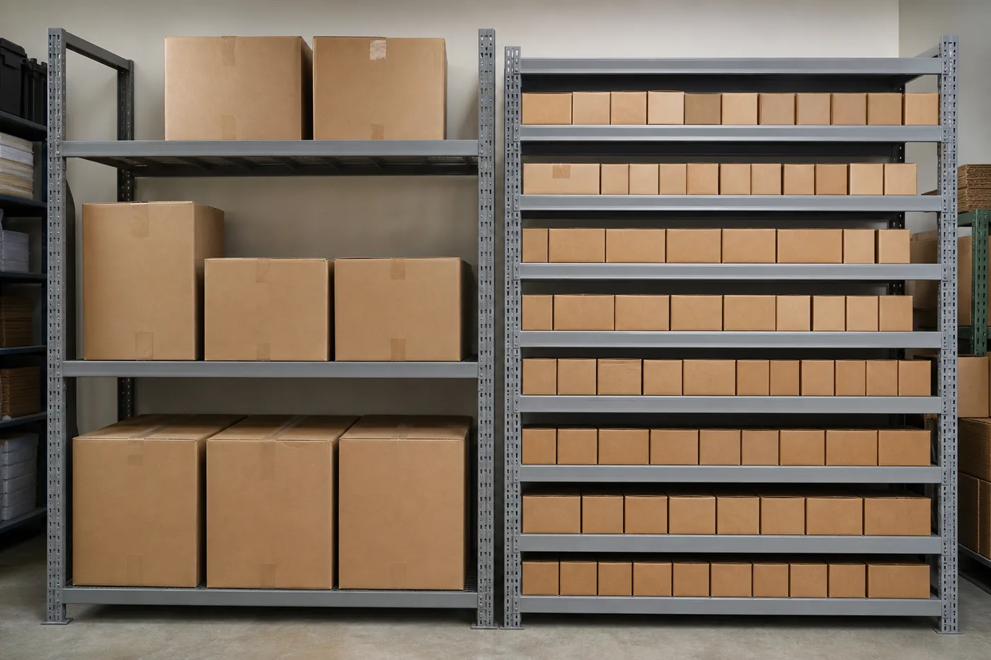 Two gray steel clip shelving units side by side with shelf levels set at different opening heights