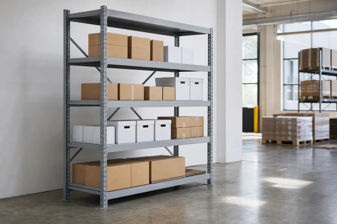 Open-style gray steel clip shelving unit with adjustable shelf levels holding cartons in a warehouse