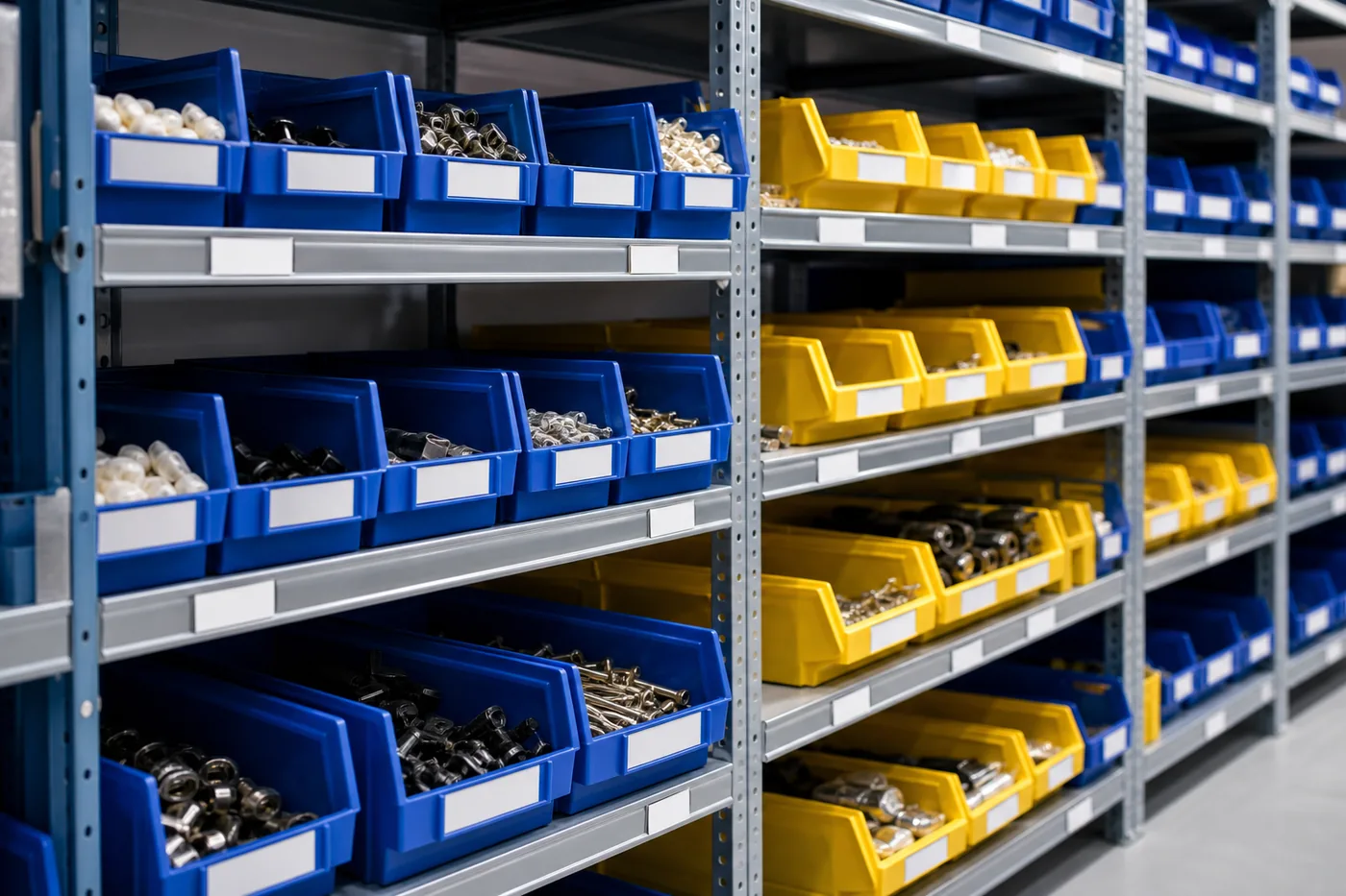 Blue and yellow open-front plastic storage bins loaded with fasteners on grey industrial steel shelving