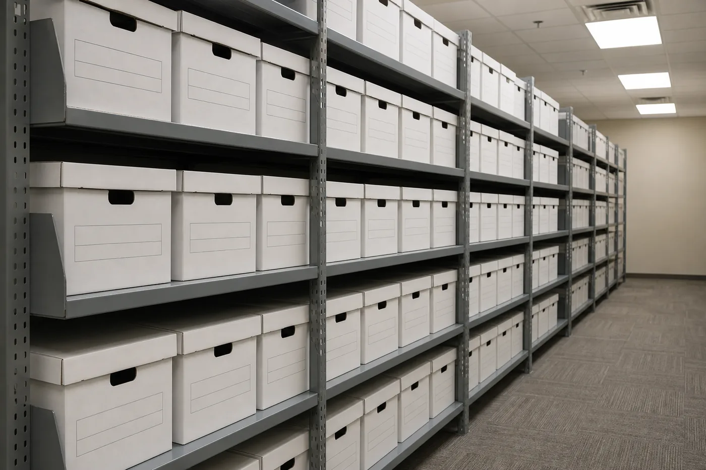 Long run of steel shelving filled with uniform white archive record storage boxes