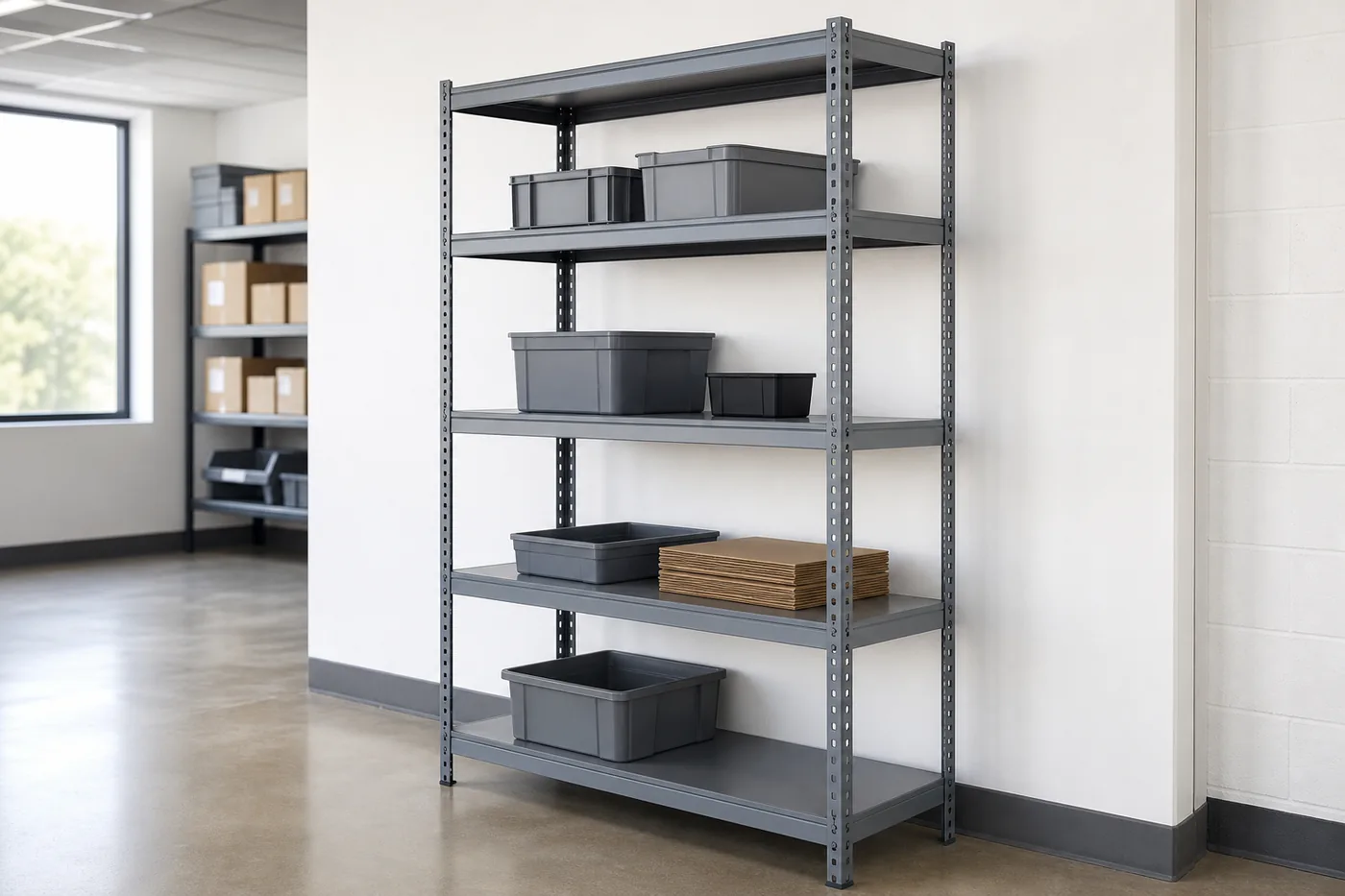 Gray steel clip shelving unit with closely slotted posts allowing fine shelf height adjustment