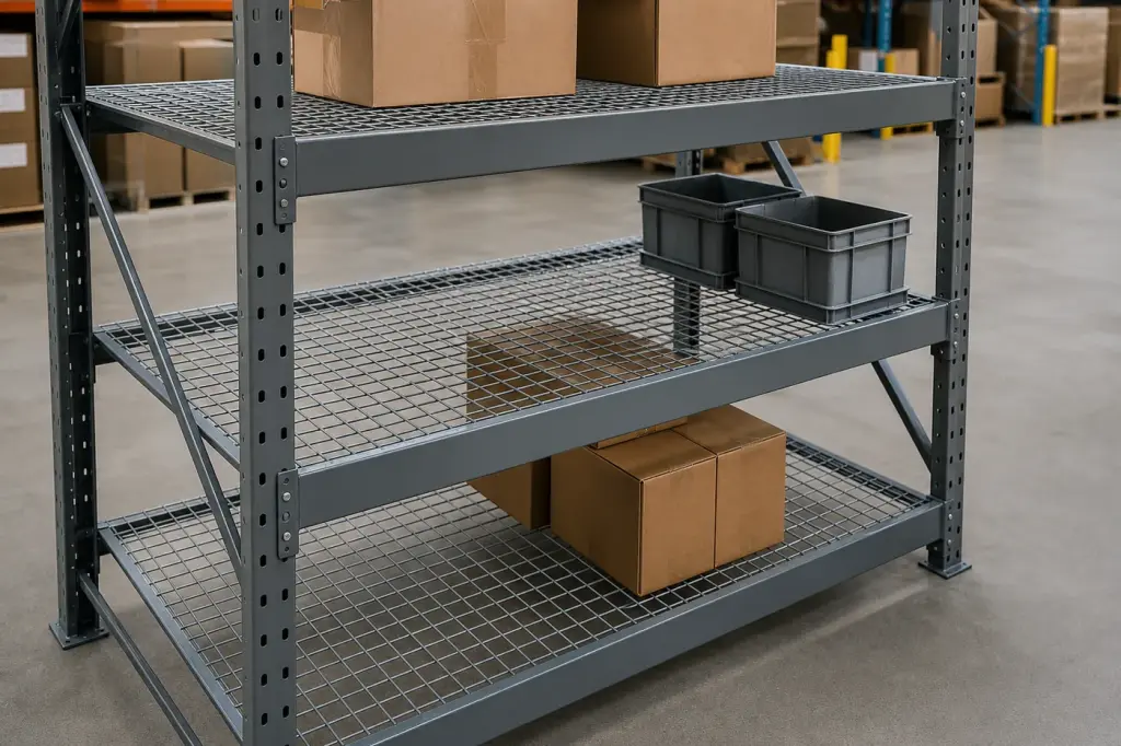 Grey industrial steel shelving bay fitted with galvanized wire mesh decking