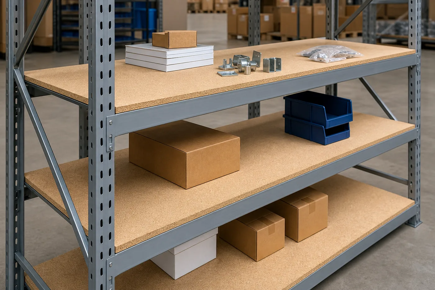 Gray steel shelving bay fitted with wood particle board decking carrying heavy cartons