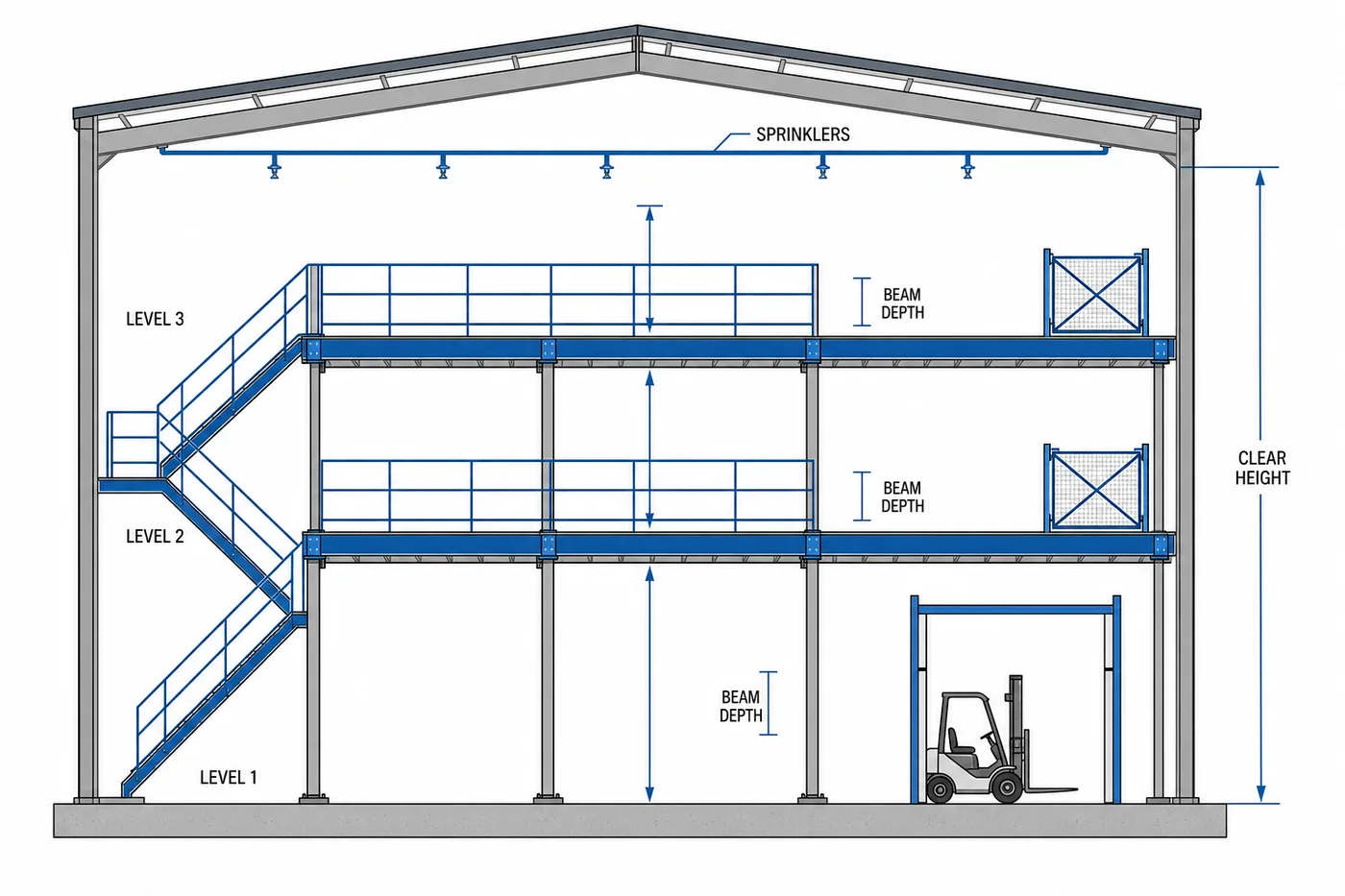 Section diagram of a three-level mezzanine showing clearances, beam depth and stair access