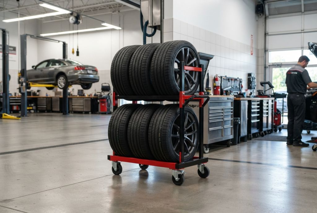 Mobile tire storage cart for automotive dealership service bay