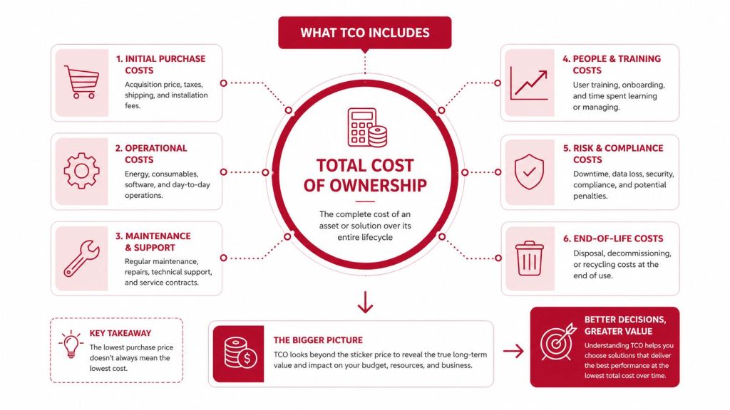 A diagram explaining Total Cost of Ownership including initial purchase, operations, maintenance, training, risk, and disposal costs.