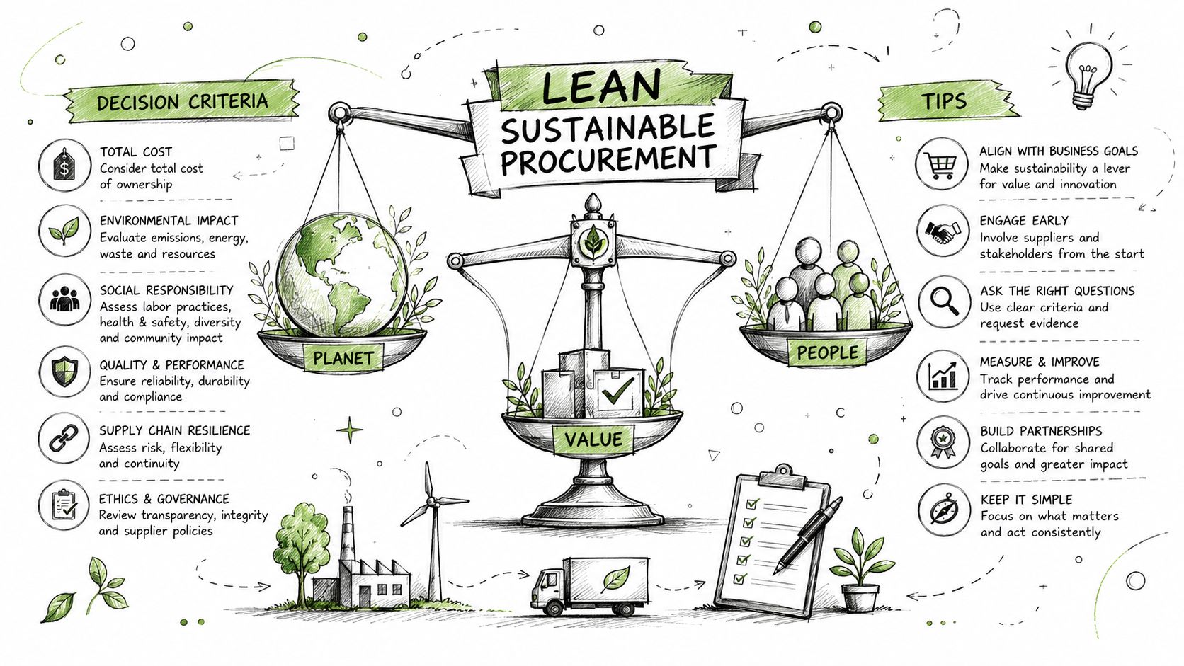 An infographic illustration titled Lean Sustainable Procurement showing a balance scale weighing Planet, People, and Value.