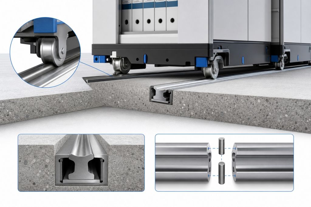 Mobile shelving track installation floor