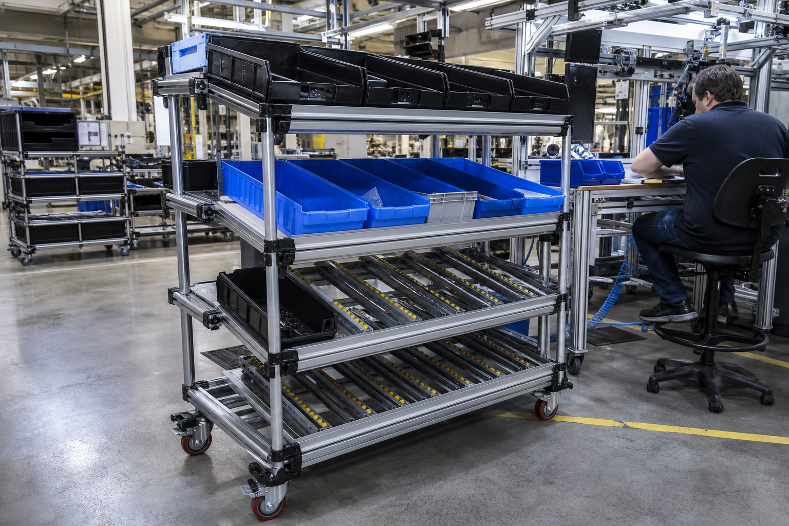 Mobile UNEX FlowCell flow rack cart presenting parts bins at an assembly cell