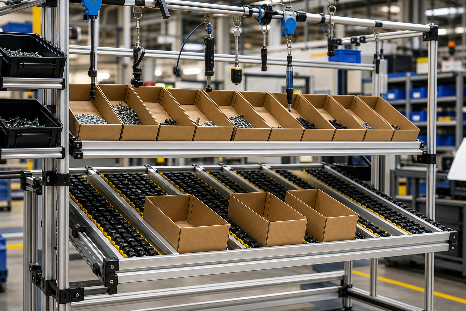 FlowCell workstation with inclined SpanTrack lanes presenting small-parts bins at the pick face