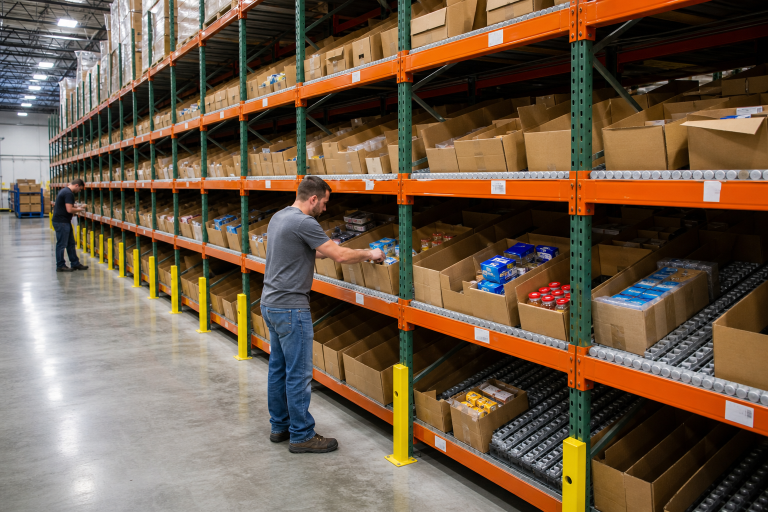 UNEX SpanTrack Wheel Bed carton flow beds installed in pallet racking