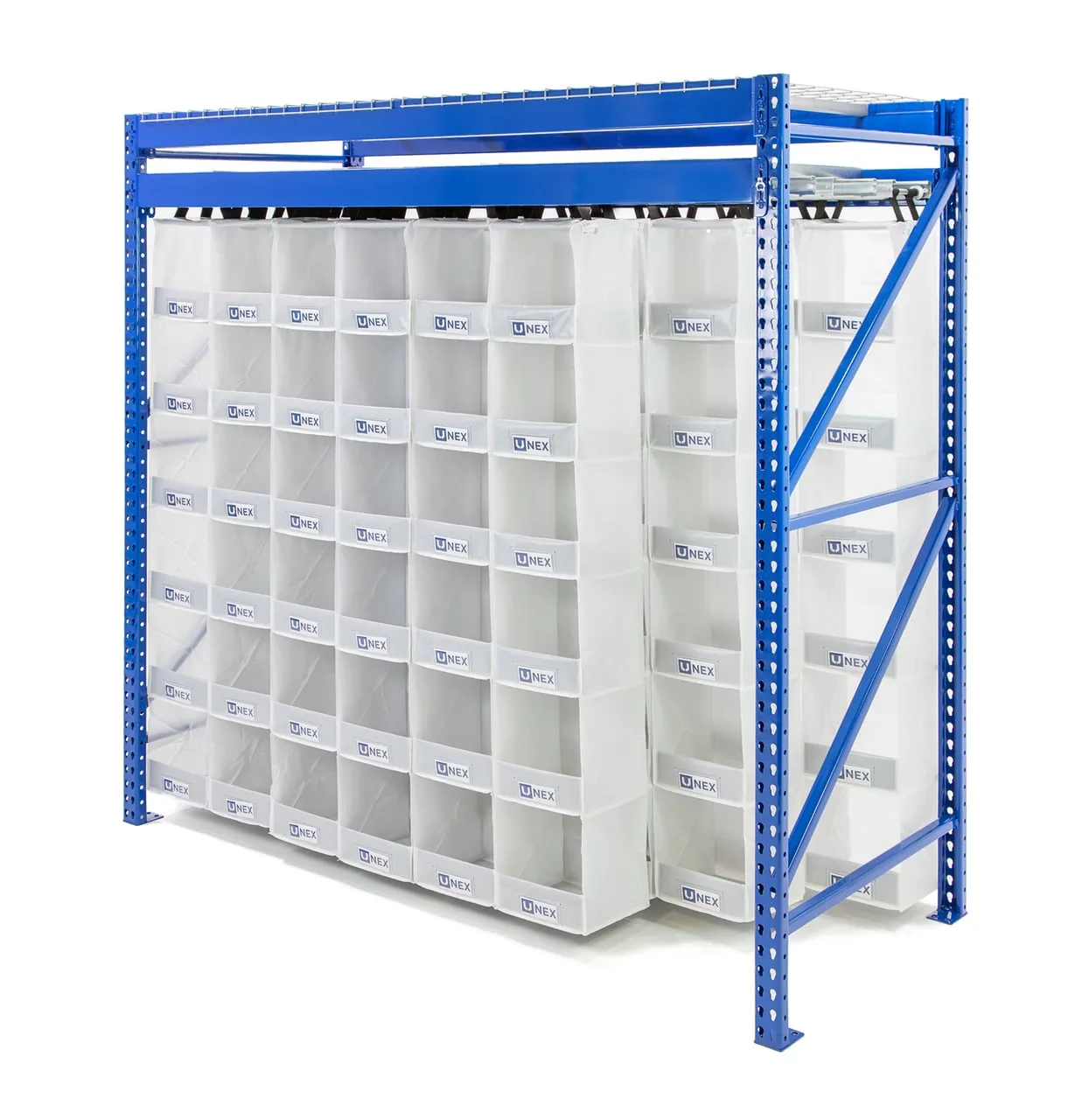 UNEX SpeedCell cells filling one pallet rack bay with many item-sized pick faces