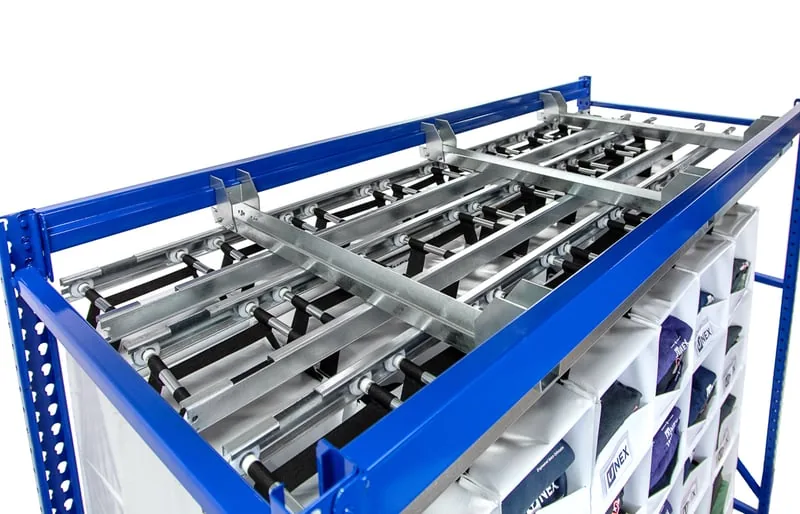 Overhead view of UNEX SpeedCell cell frames mounted to pallet rack beams and uprights