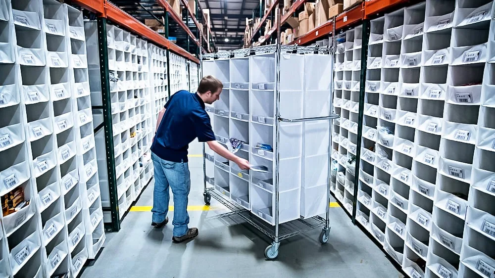 Picker working a live UNEX SpeedCell aisle with a SpeedCart during a zone-by-zone conversion