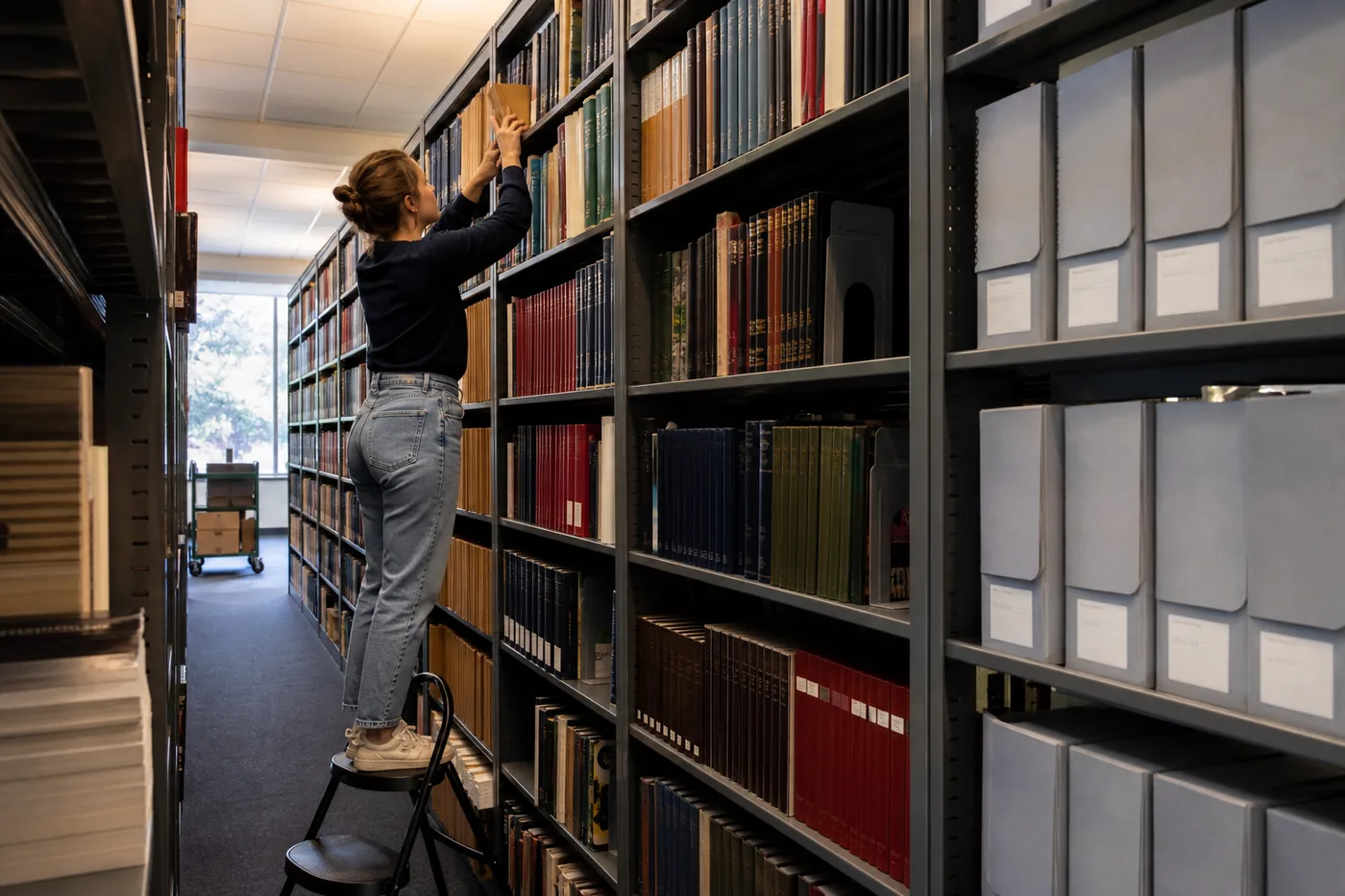 Worker on a step stool retrieving archival volumes from a tall steel shelving range