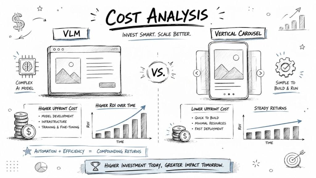 A diagram comparing the cost analysis and ROI of VLM technology versus Vertical Carousel storage systems.