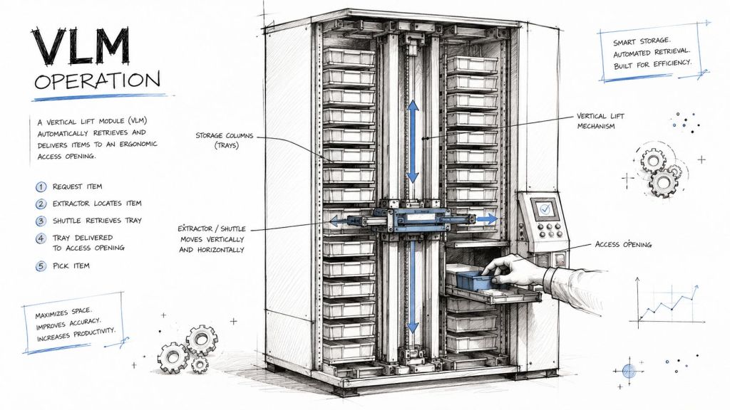 A detailed technical sketch showing the operational mechanism of an automated vertical lift module storage system.