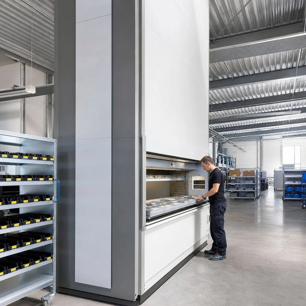 Vertical lift module with automated goods-to-person retrieval in a warehouse