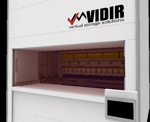 Vidir vertical lift module with an open access bay and operator touchscreen