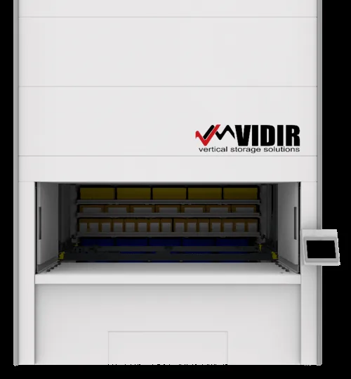 Vidir vertical lift module presenting a tray at the operator access opening