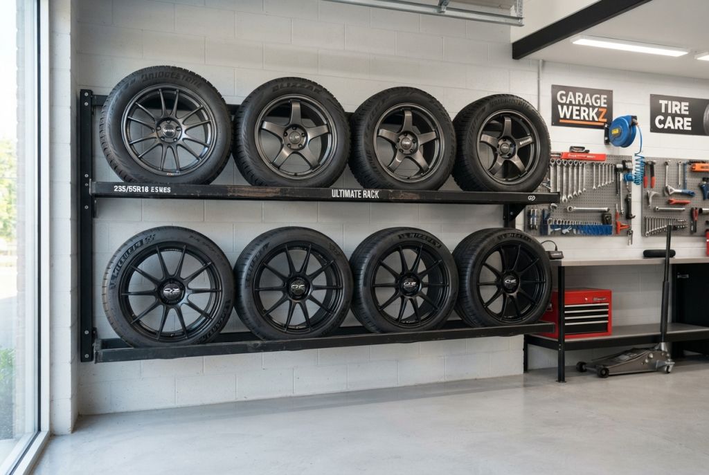 Wall-mounted static tire storage rack in a fleet or municipal maintenance garage