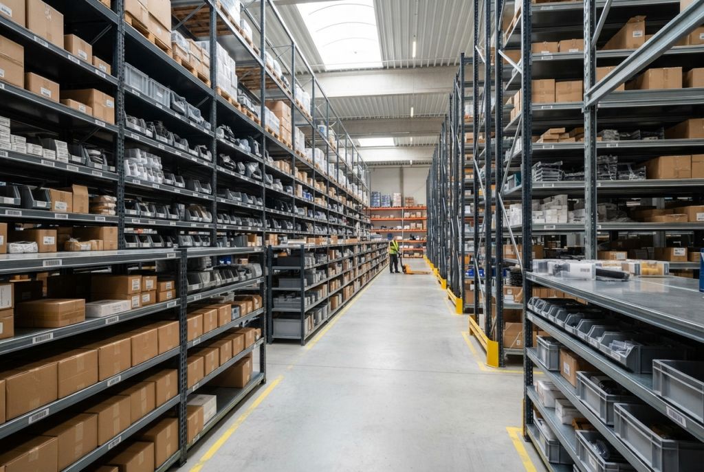 Warehouse aisle lined with shelving and boxed inventory in a distribution center